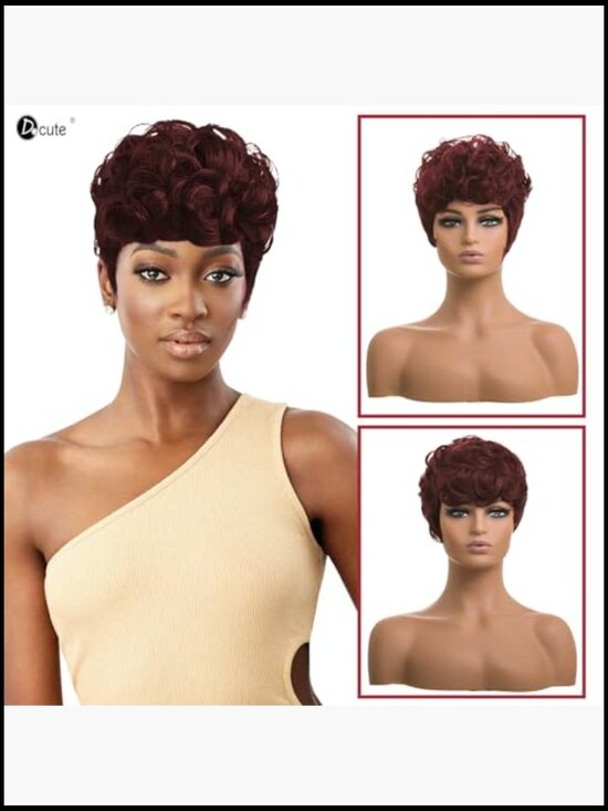 Short Curly Pixie Wig with Bangs Layered Wine Red Synthetic Heat Resistant Wig main image 4
